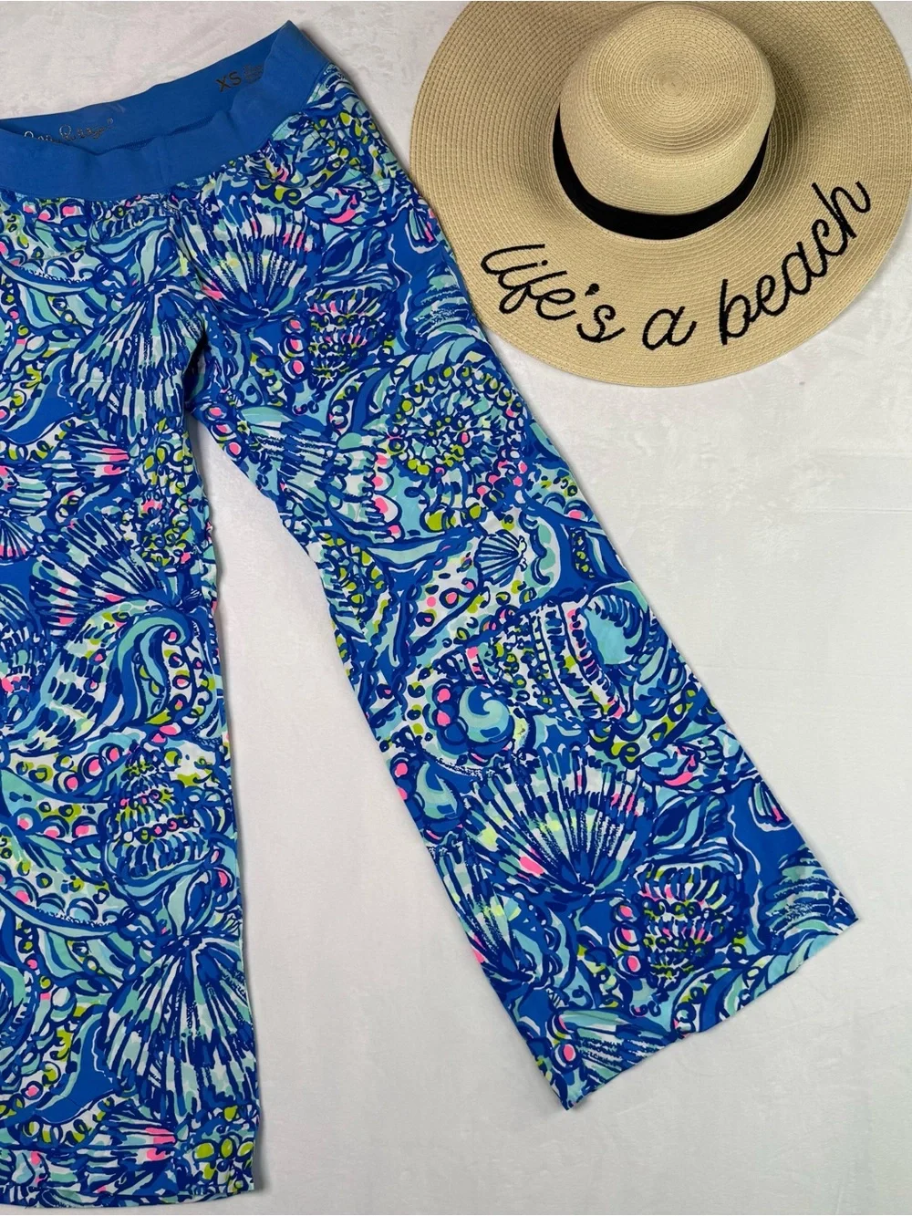 Yoga Waist Blue Floral Shell Print Wide Leg Lilly Pulitzer Lounge Bottom Size XS